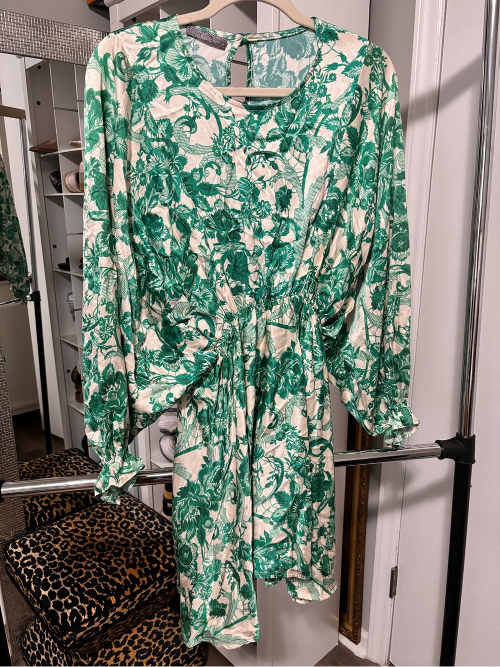 Silk Italian Green Floral Long- peasant Sleeve Mini Dress
